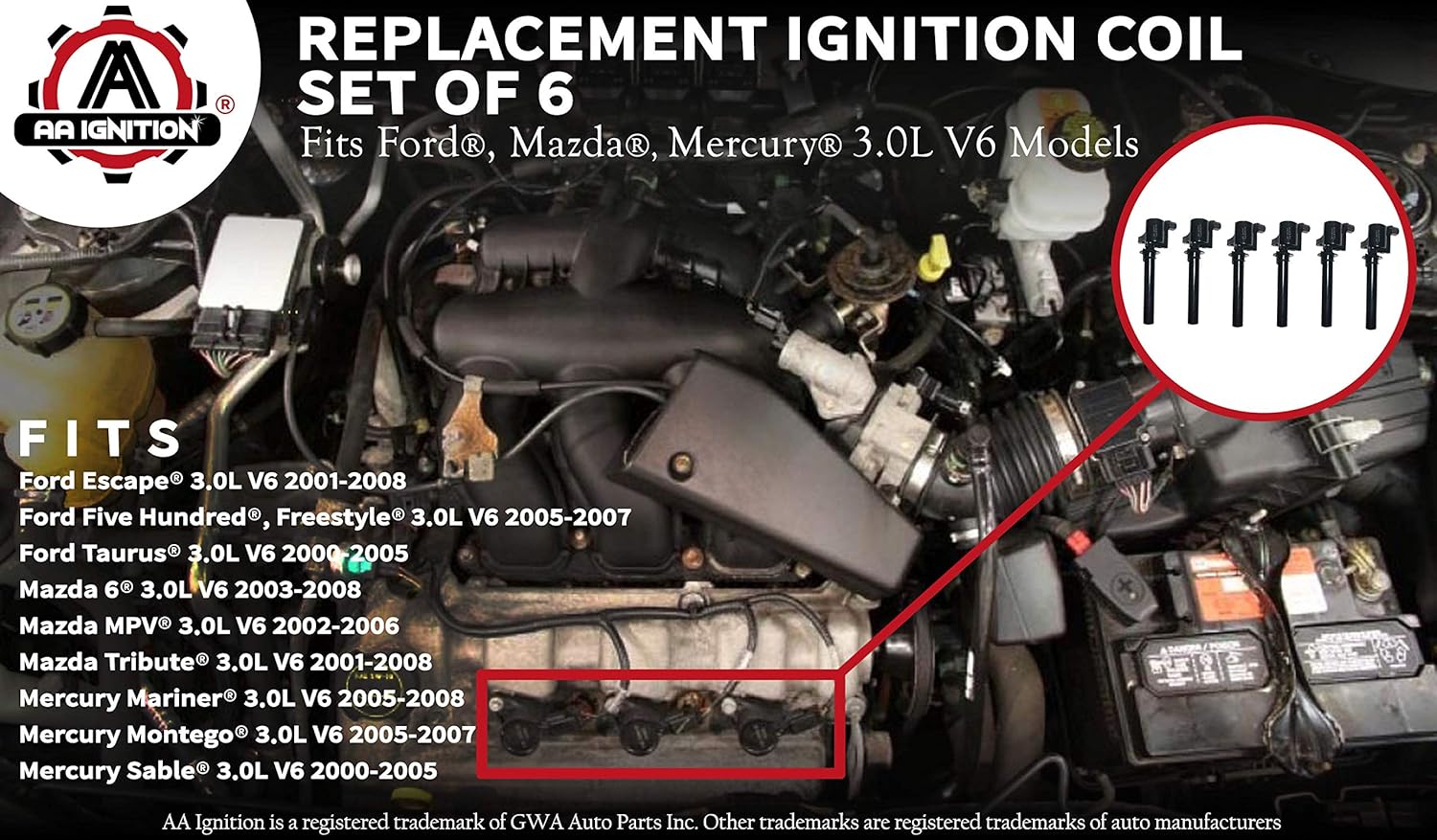 Ignition Coil Pack Set Of 6 Compatible With Ford Mazda Mercury 3 0l V6 Models Replaces 18lz 12029 Ab 18lz 12029 Aa 2m2z 12029 Ac Dg500 Dg513