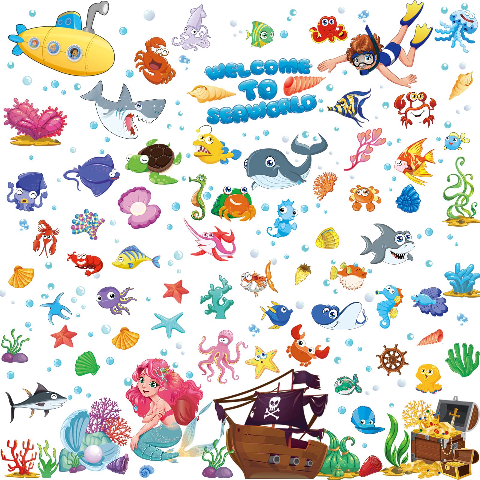 Mermaid Wall Stickers - Undersea Watercolor Ocean Animal Stickers for Kids Bathroom Bedroom Playroom Decoration