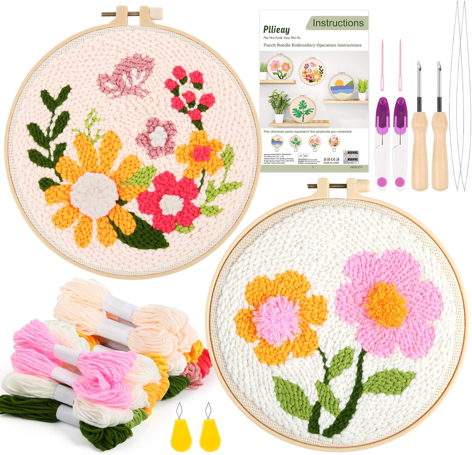 Pllieay 2 Set Punch Needle Embroidery Starter Kits include Instructions, Punch Needle Fabric with Pattern, Yarns
