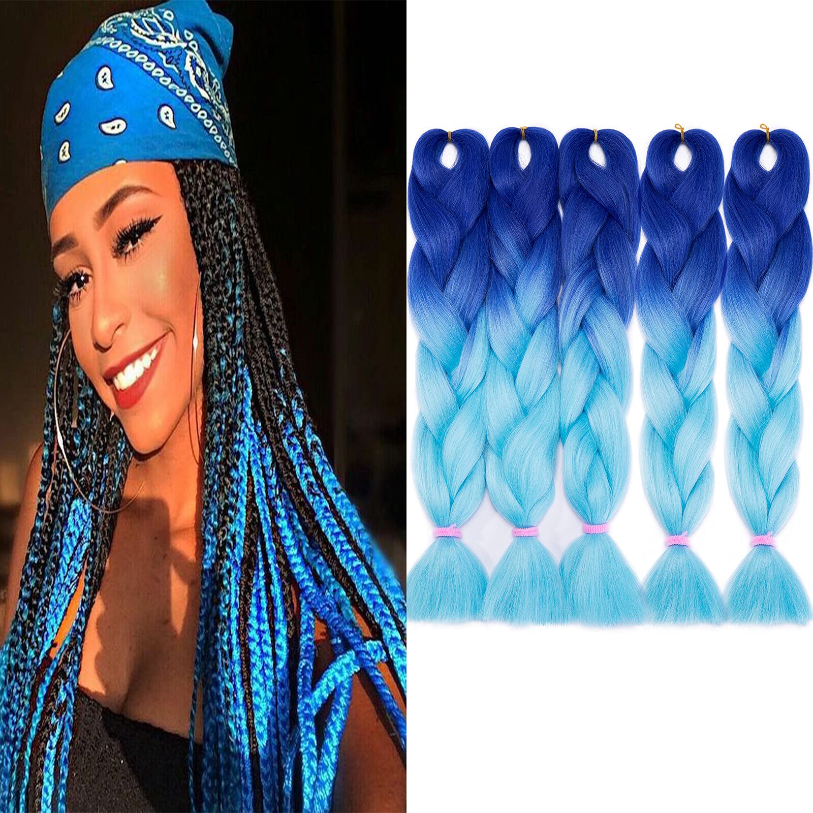 24inch Two Tone Ombre Braiding Hair Extension 5 Packs/Lot X Synthetic Braids Afro Crochet Hairpiece for Box Braids Blue