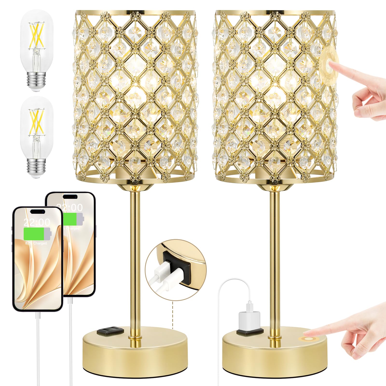 Photo 1 of Gold Lamps Set of 2-Bedside Lamps with USB Ports and Outlets, 3-Way Dimmable Nightstand Lamp Set of 2 with Crystal Shade,ModernTouch Lamps for Gold Bedroom Decor,Living Room Decor (Bulb Included)