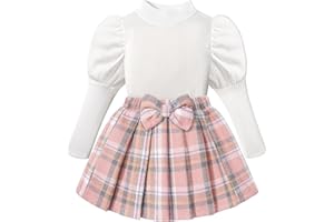 BAVADER Toddler Girl Clothes Skirt Set Cute Puff Sleeve Top Girls Plaid Skirt with Bow Toddler Outfits for Girls 1-8 Years
