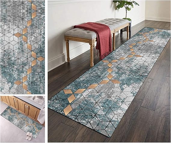 Teppich Küche & Bad 50x115cm - 3D Geometrisch Bordeaux Rutschfest Made In Italy