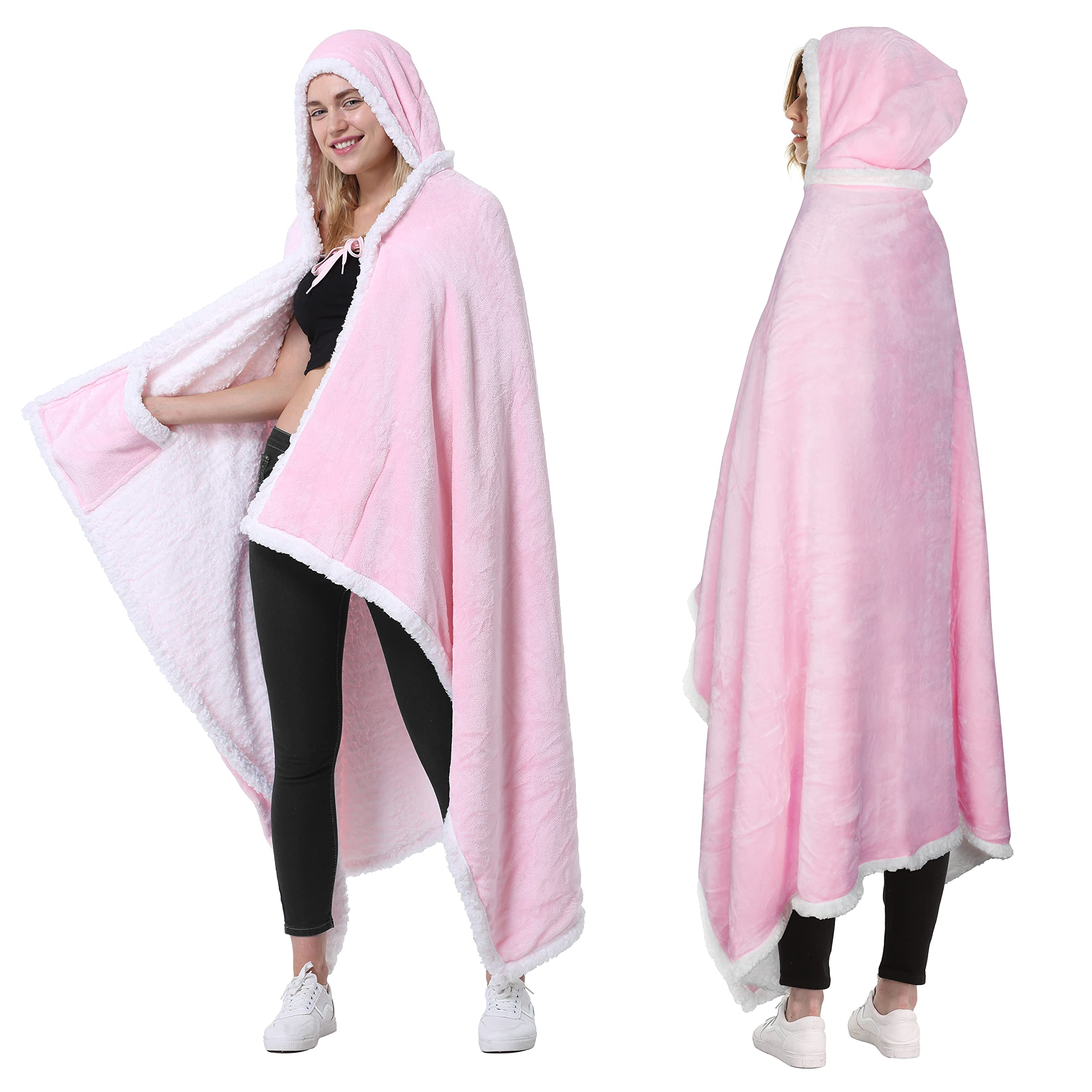 Catalonia Classy Wearable Poncho Blanket with Hood, Warm Sherpa Fleece Wrap Throw Cape with Pocket, Super Soft Comfy Portable Fleece Blanket for Women and Men, 125 X 185 cm, Pink