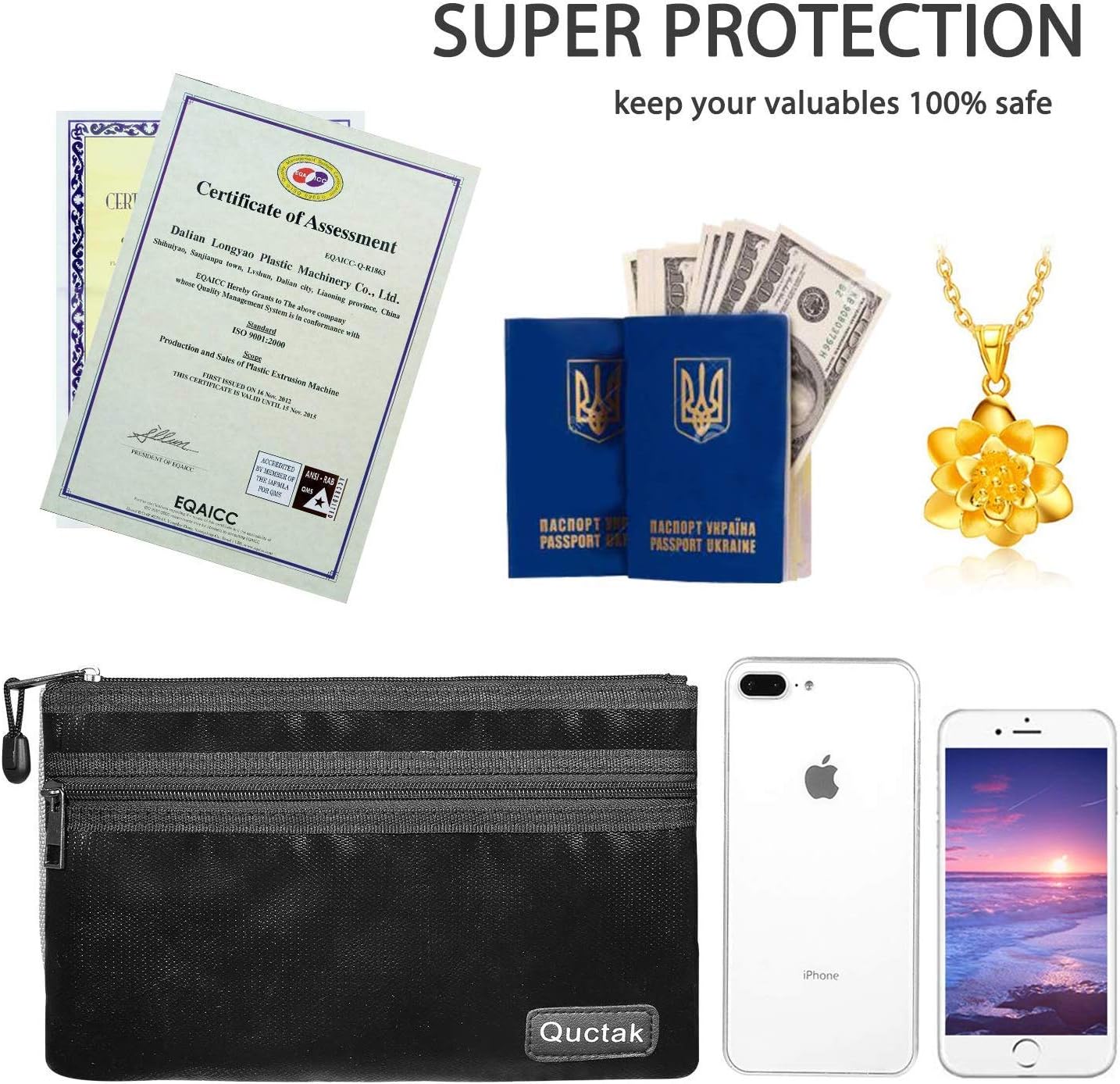 Fireproof Money Bag Two Pockets Two Zippers,Quctak Fireproof Safe Bag 10.6"x6.7" Waterproof and Fireproof Cash Bag Money Safe Pouch Storage for A5 Bank Deposit,Passport,Jewelry (1 Layer Protection): Office Products