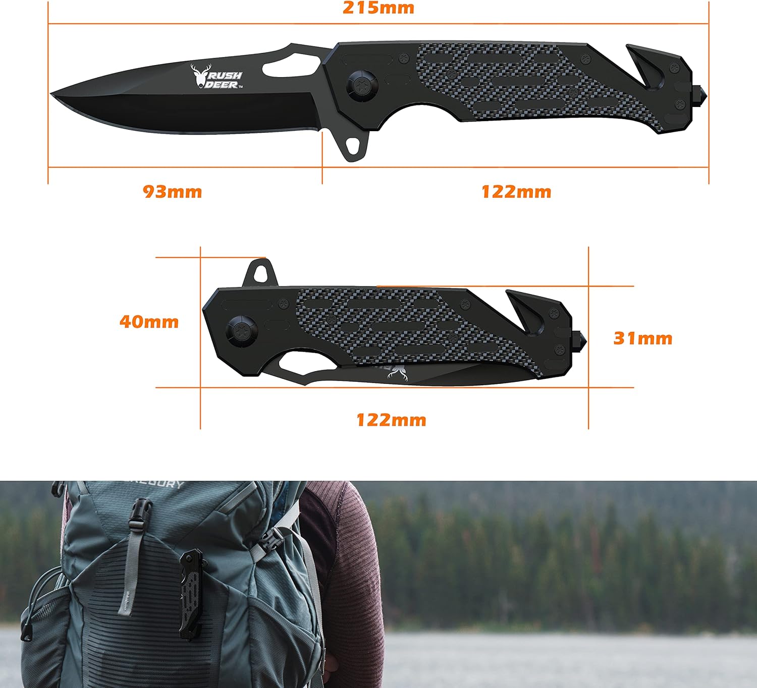 Rush Deer Folding Knife, Pocket Knife EDC Knife with Liner Lock,Pocketclip,Glass Breaker,Seatbelt Cutter. Perfect for Hiking, Camping, Fishing, Indoor & Outdoor Activities. Unique Gifts for Men Women: Sports & Outdoors