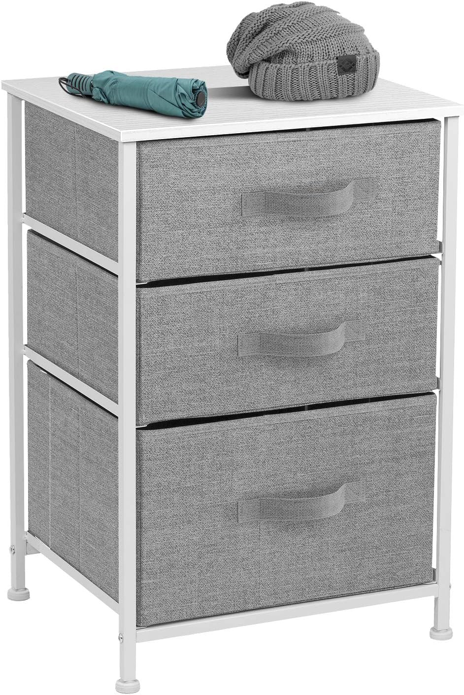 Sorbus Nightstand with 3 Drawers - Bedside Furniture & Accent End Table Chest for Home, Bedroom Accessories, Office, College Dorm, Steel Frame, Wood Top, Easy Pull Fabric Bins (White/Gray): Kitchen & Dining