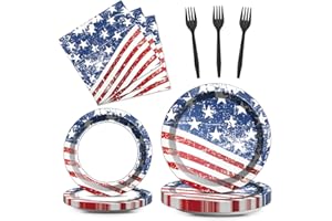 Qyeahkj 100 Pcs 4th of July Party Plates and Napkins Tableware Set American Flag Birthday Party Dinnerware Supplies Patriotic Favors Independence Memorial Day Decorations for Girls Boys Kids Serve 25