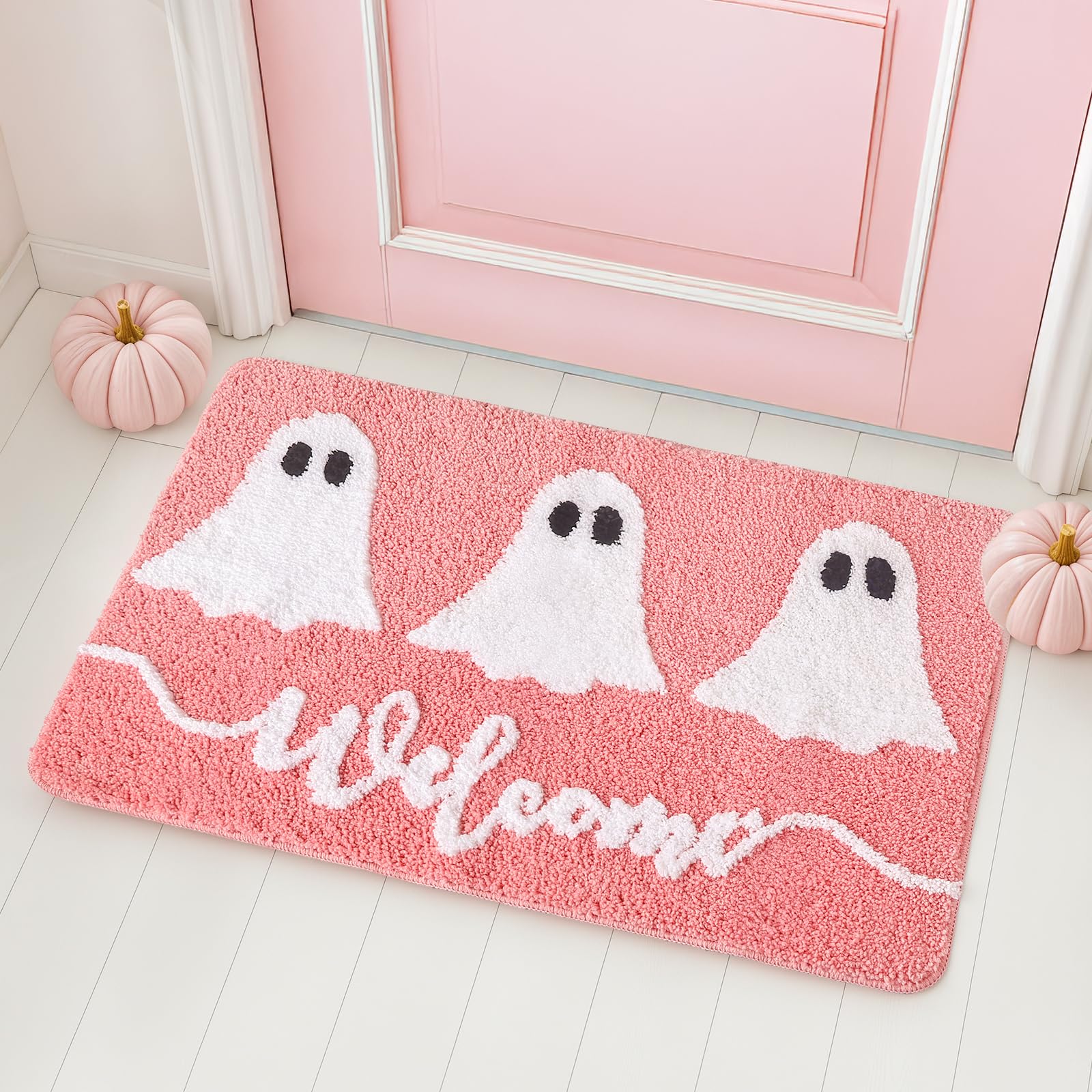 Photo 1 of Halloween Rug: Pink Halloween Bath Mat, Spooky Ghosts Bathroom Rug, Halloween Decor Cute Spooky Halloween Room Decor for Bathroom, Bedroom, Shower, Fun Halloween Decoration