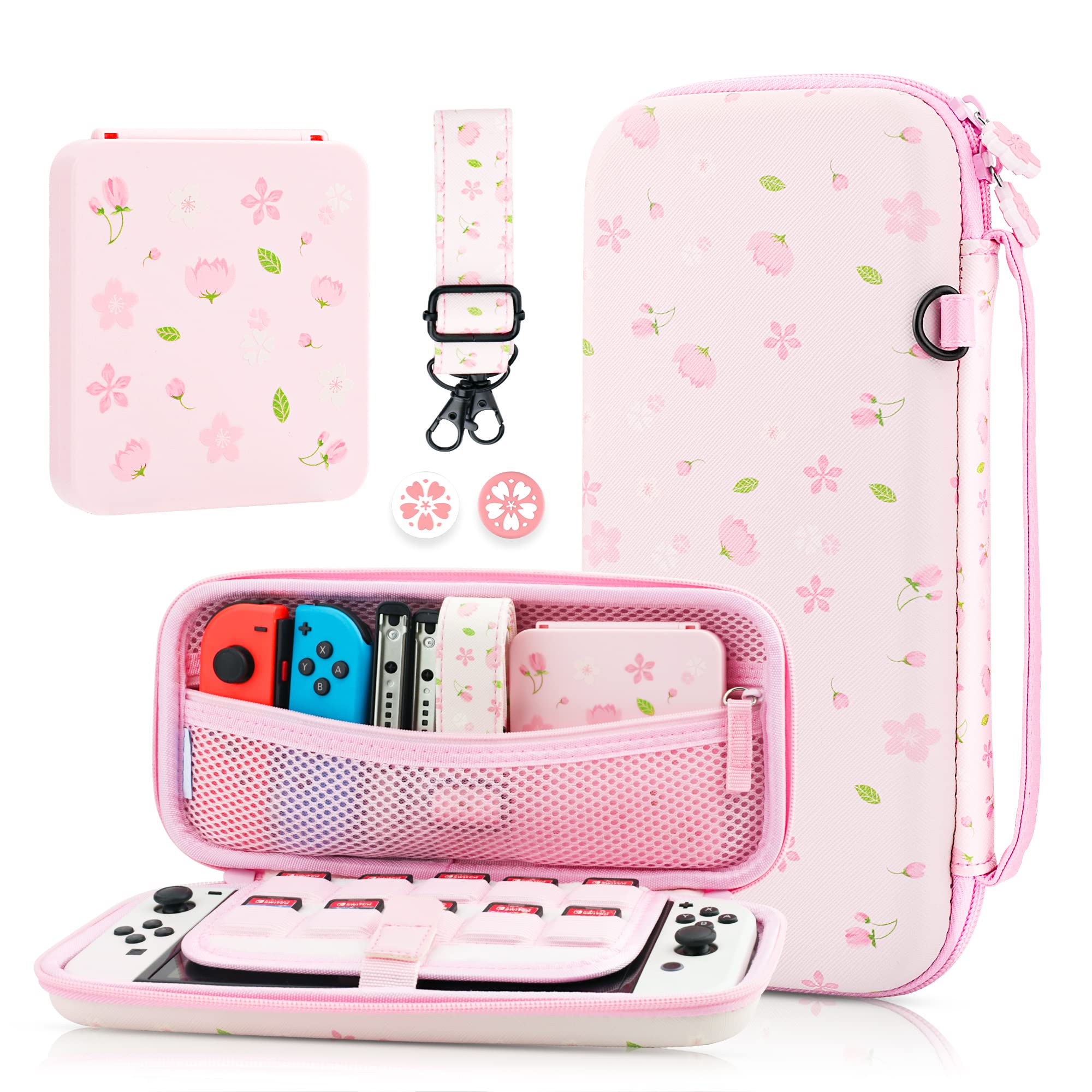 GLDRAM Pink Sakura Carrying Case Bundle for Nintendo Switch & OLED, Elegant Switch Travel Case Protector for Girls, Accessories Kit with Shoulder Strap, Cherry Blossom Game Card Holder & Thumb Caps