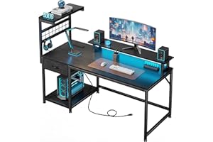 Bepatio Steel Frame Computer Desk with Storage Shelves & Drawer, 47 inch Gaming Desk with Power Outlet, LED Strip, Monitor St