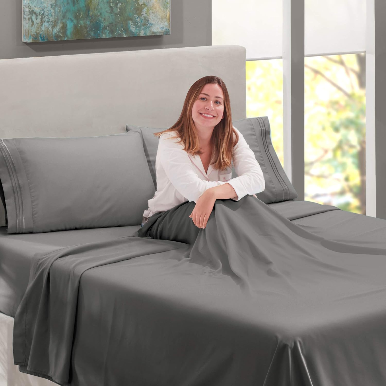 Nestl Deep Pocket Split King Sheets: Bed Sheets with 2 Fitted Sheets, Flat Sheet, Pillow Cases - Extra Soft Microfiber Bedsheet Set with Deep Pockets for Split King Mattress - Charcoal Stone Gray: Home & Kitchen