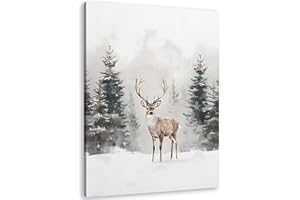 TLESKE Winter Snowy Woodland Deer Reindeer Wall Art Decor, Snowy Forest Mountain Canvas Wall Art Print for Home Bedroom Living Room, White Winter Christmas Snow Moose Wall Artwork Picture, 11x14