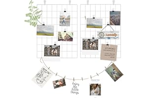 Lxvckly Grid Wall Panel, Set of 2 Metal Grid Wire Photo Wall Panels, 16" L x 12" W Clip Photo Holders, Memo Board, Wall Decor Storage Organizer for Photo Picture Hanging Display Home Office Dorm White