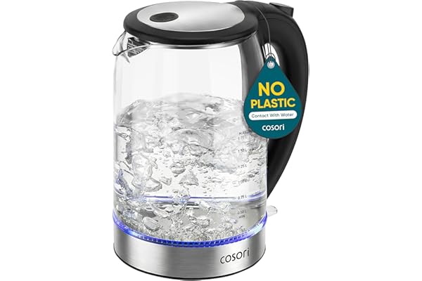 Cosori Electric Kettle, No Plastic Contact with Water, 1.7L, Black | Wide Opening, Easy to Clean, Auto Shut-Off, Boil-Dry Protection, Tea Kettle, Hot Water Boiler, Borosilicate Glass, 1500W
