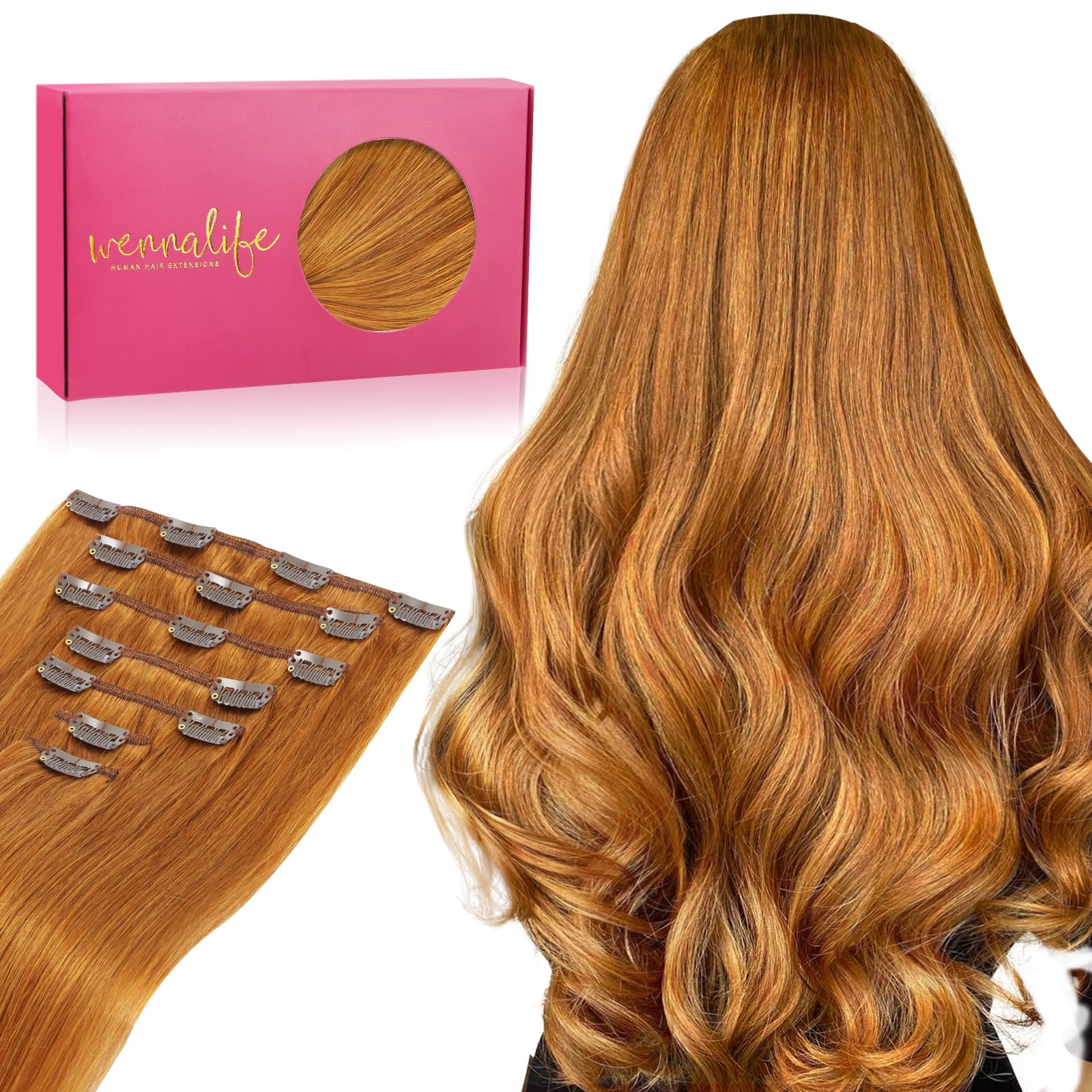 WENNALIFE Clip In Hair Extensions, 14 Inch 120g 7pcs Real Human Hair Auburn Ginger — image 1