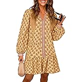 Wenrine Womens Long Sleeve Casual Mini Dress Floral V Neck Ruffle Loose Fall Boho Babydoll Dresses with Pockets