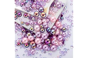 MYYKO 60g Light Amethyst Pearls Rhinestones for Crafts Mixed Size 3mm-10mm AB Color Round Half Pearls Flatback Pearl Beads and Resin Rhinestones Set for Face Art with Gel Gel