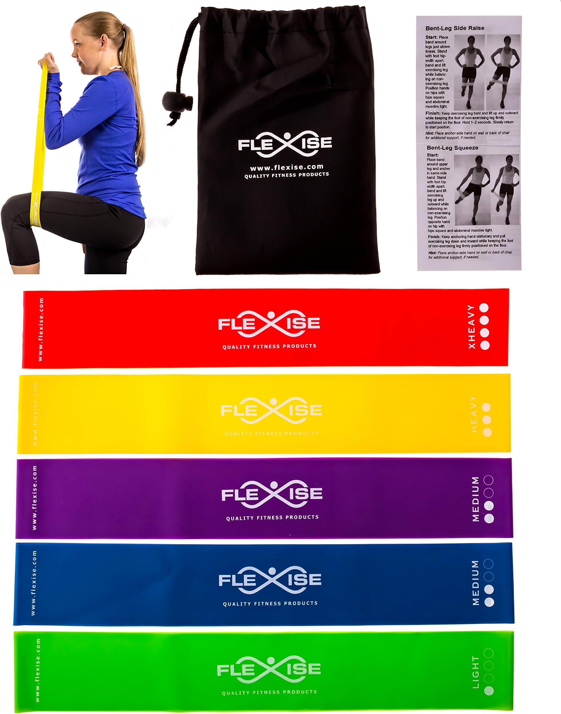 High Quality Exercise Bands By Flexise Fitness - Set of Resistance Loop Bands for Yoga / Pilates / Physical Therapy. Bonus Carry Case & Workout Guide Included.
