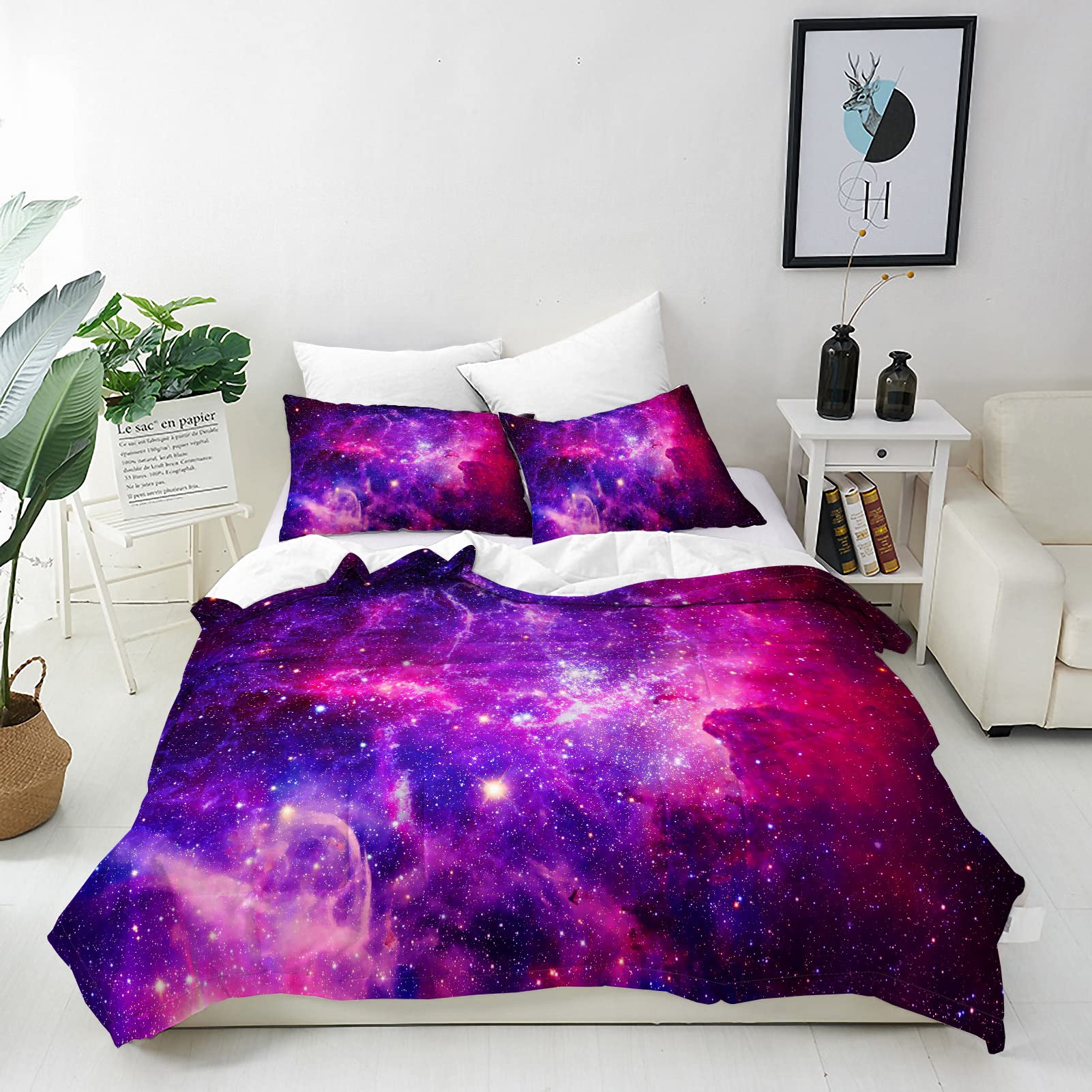 ANHOPE Galaxy Duvet Cover Set Soft Comforter Cover Purple Pink Nebula Stars Print Pattern 3 Piece Bedding Set with Pillowcase All Season Quilt Cover with Zipper for Kids Adults Double Size