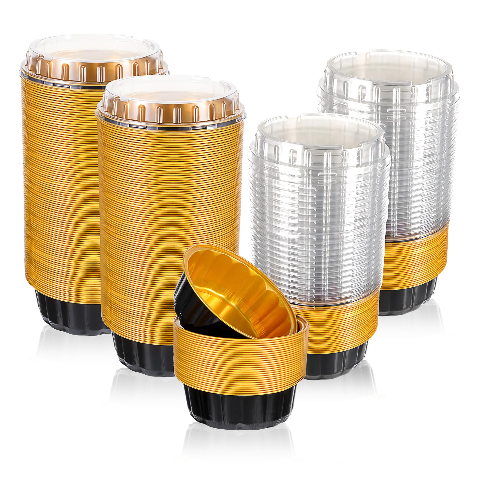 Photo 1 of 100 Pack 8 oz Disposable Ramekins with Lids, Creme Brulee Dessert Cupcake Ramekin Aluminum Foil Cup, Black Gold Aluminum Foil Cups, Cupcake Containers for Wedding, Kitchen, Party, Graduation
