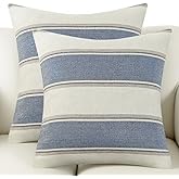 AmHoo Pack of 2 Farmhouse Linen Throw Pillow Cover Cushion Stripe Decoration Buffalo Retro Pillowcase with Hidden Zipper for Sofa Bedroom Car 18 x 18 Inch Blue