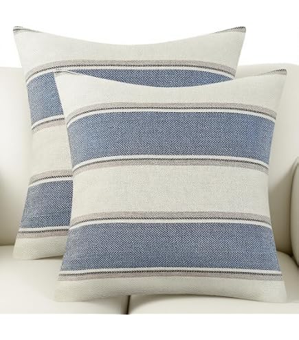 Boho Herringbone Pillow Covers 18x18 Inch Set Of 2 - Navy & White Geometric Cotton Linen Throw Pillow Cases - View #10