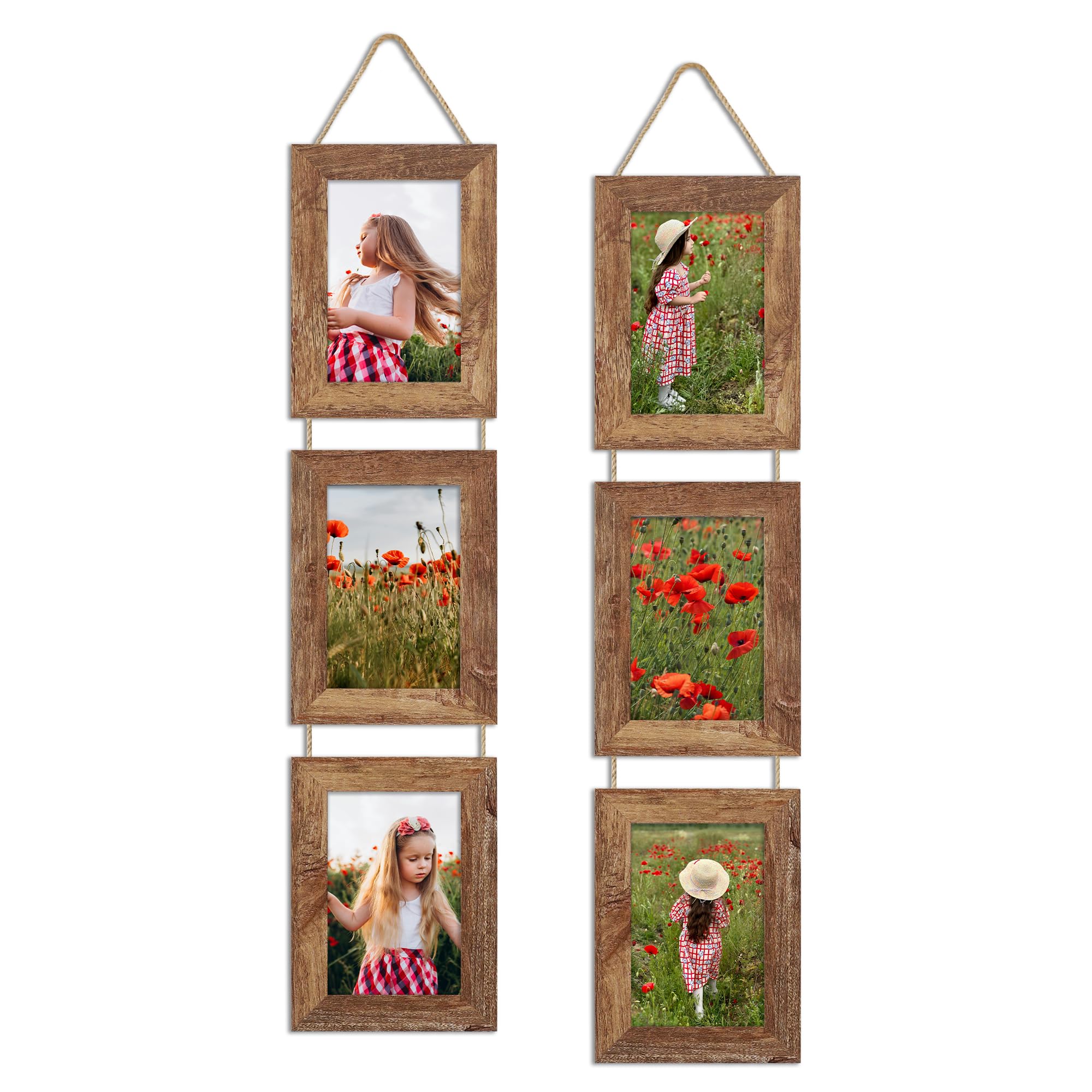 ccdcc 4x6 Collage Picture Frames Set of 2, Rustic Wooden Real Glass Vertical Hanging 3 Opening 4 by 6 Photo Frame, Rustic Brown