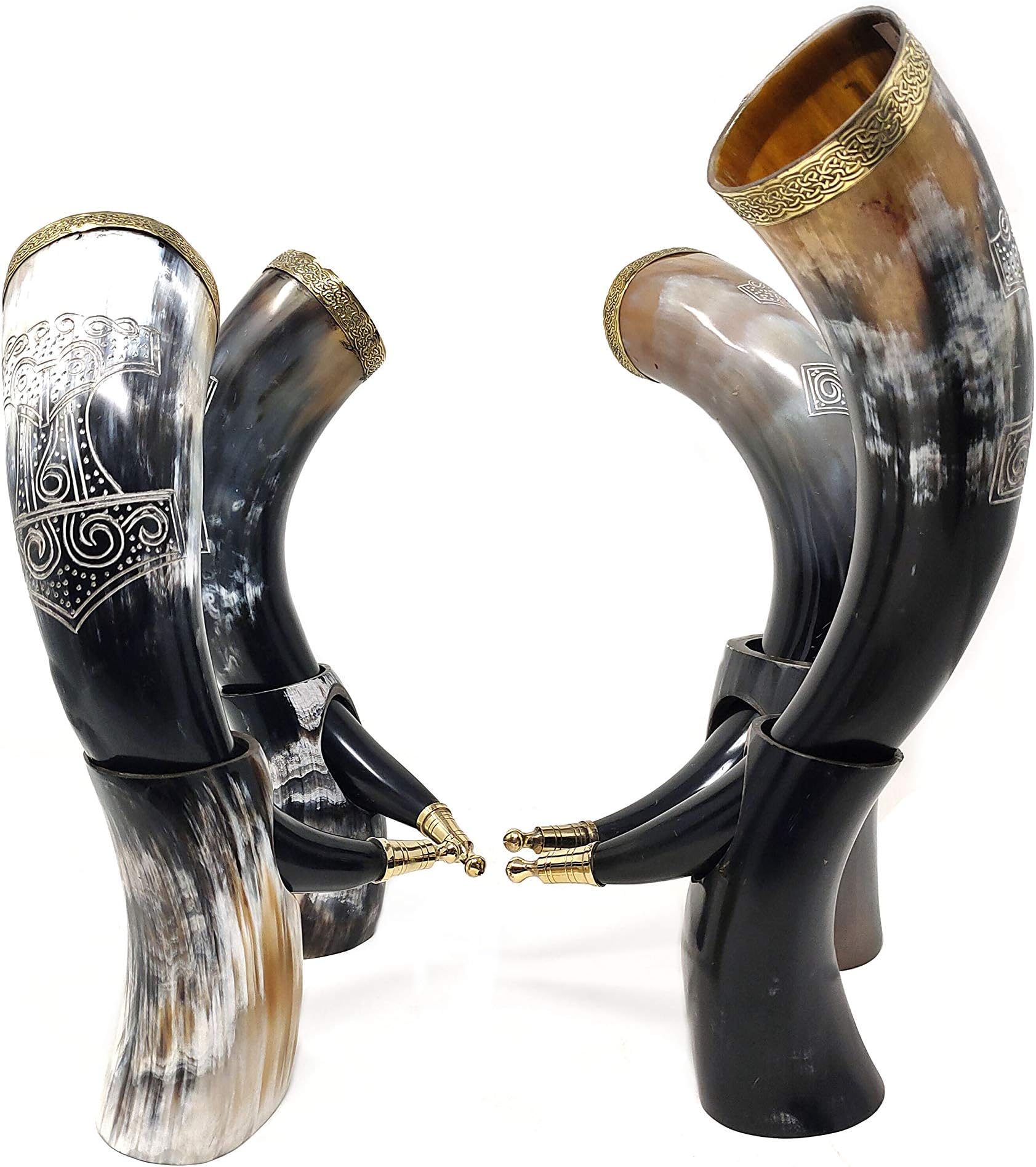 Viking Drinking Horn Mug | Handmade Drinking Horn with Mjolnir Engraved Tankard | Food Safe Medieval Game of Thrones Horn | For Hot & Cold Drink (1 Piece)