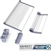 Havenity&trade; Expandable Roll Up Dish Drying Rack for Small Sinks - Expandable 12.8 to 22.8 Inch Over Sink Rack, Fits Apartments, RVs and Office Kitchens, Stainless Steel, 2 Baskets