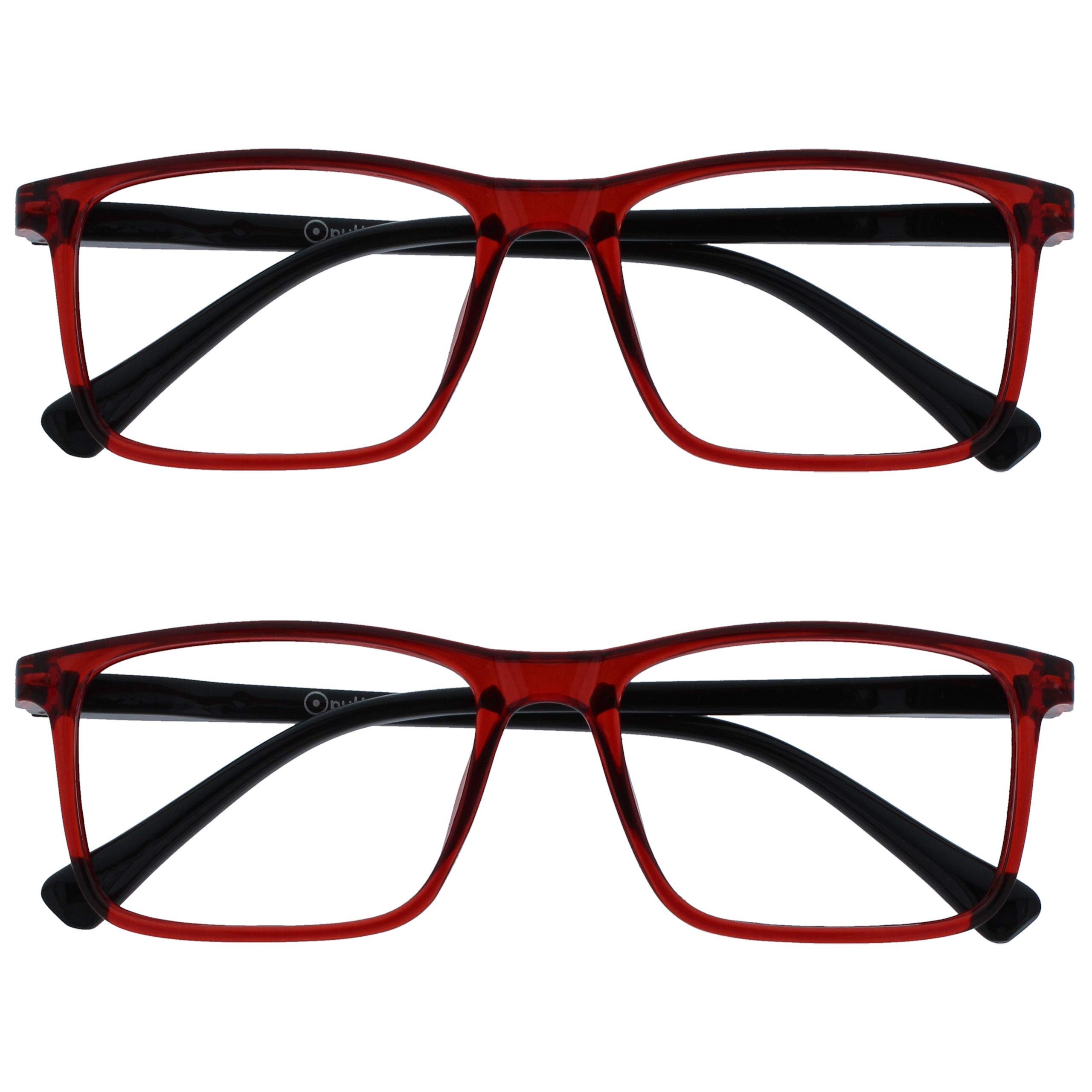 OPULIZE INK Reading Glasses - Value 2 Pack - Large Rectangular Frame - Spring Hinges - Scratch Resistant - Dark Red Black Arm - Mens Womens +2.50