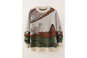Men's Autumn Winter Crewneck Sweater, Thick Fluffy, Cartoon Dinosaur Volcano Sun Jacquard, Loose Fit Unisex MY4080#F
