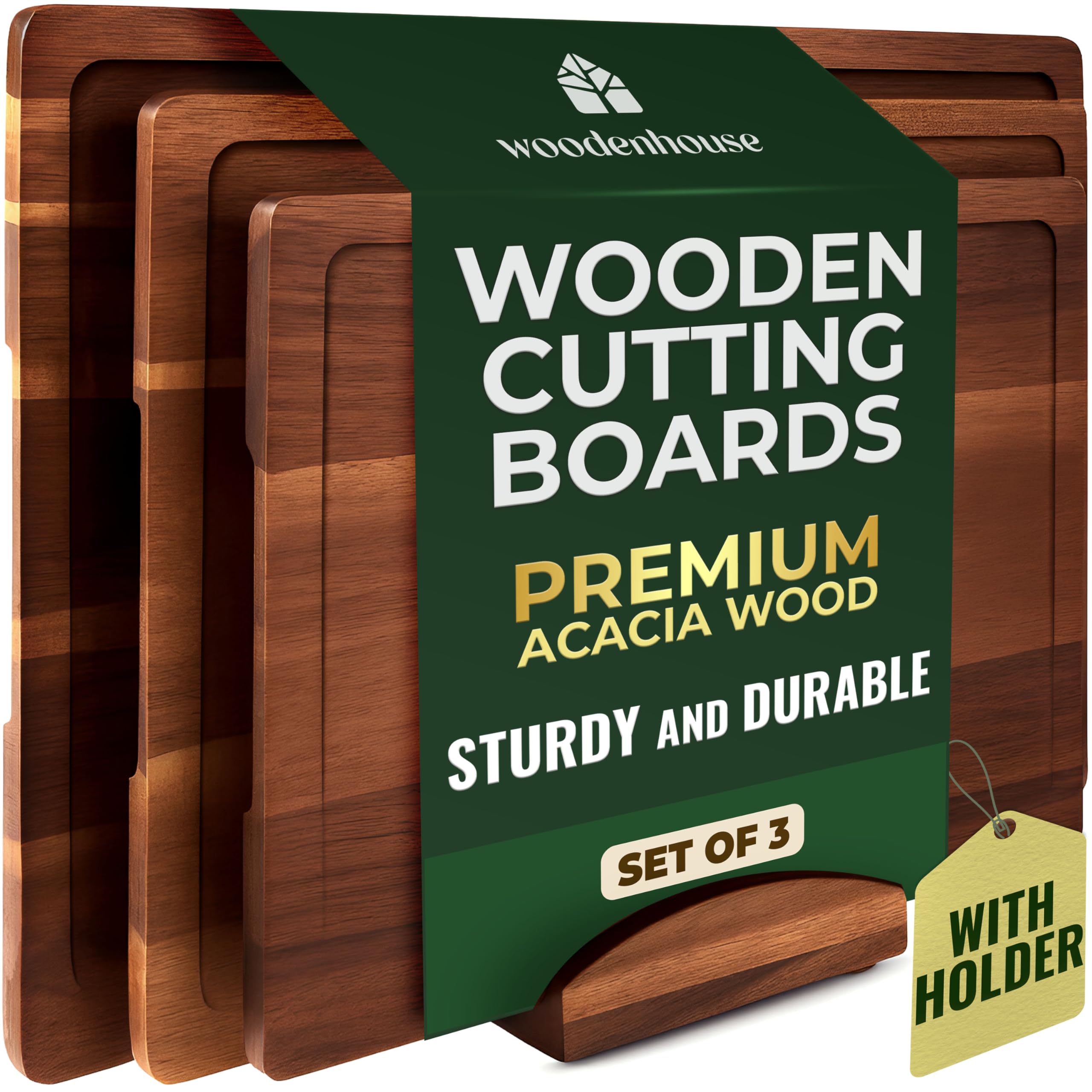 Photo 1 of Acacia Wood Cutting Board Set of 3 with Holder, Juice Grooves & Built-in Handles - Durable, Wooden Cutting Boards for Kitchen, Perfect for Chopping, Food Prep and Serving as a Charcuterie