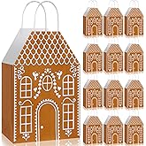 Kolldenn 24 Pcs Christmas Gingerbread House Gift Bags with Handles House Gingerbread Shaped Treat Candy Goodies Paper Bags Bulk Winter Snow Wrapping Paper for Christmas Holiday Party Favor(Classic)