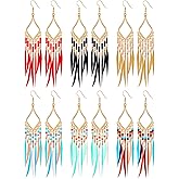 Sumind 6 Pairs Long Beaded Feather Tassel Earrings Boho Dangle Bohemia Handmade Seed Bead Statement Fringe Drop Earrings for Women Girls
