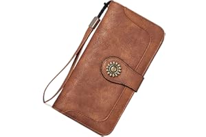 BROMEN Leather Wallets for Women RFID Blocking Large Capacity Credit Card Holder Clutch Purse Wristlet Retro Brown