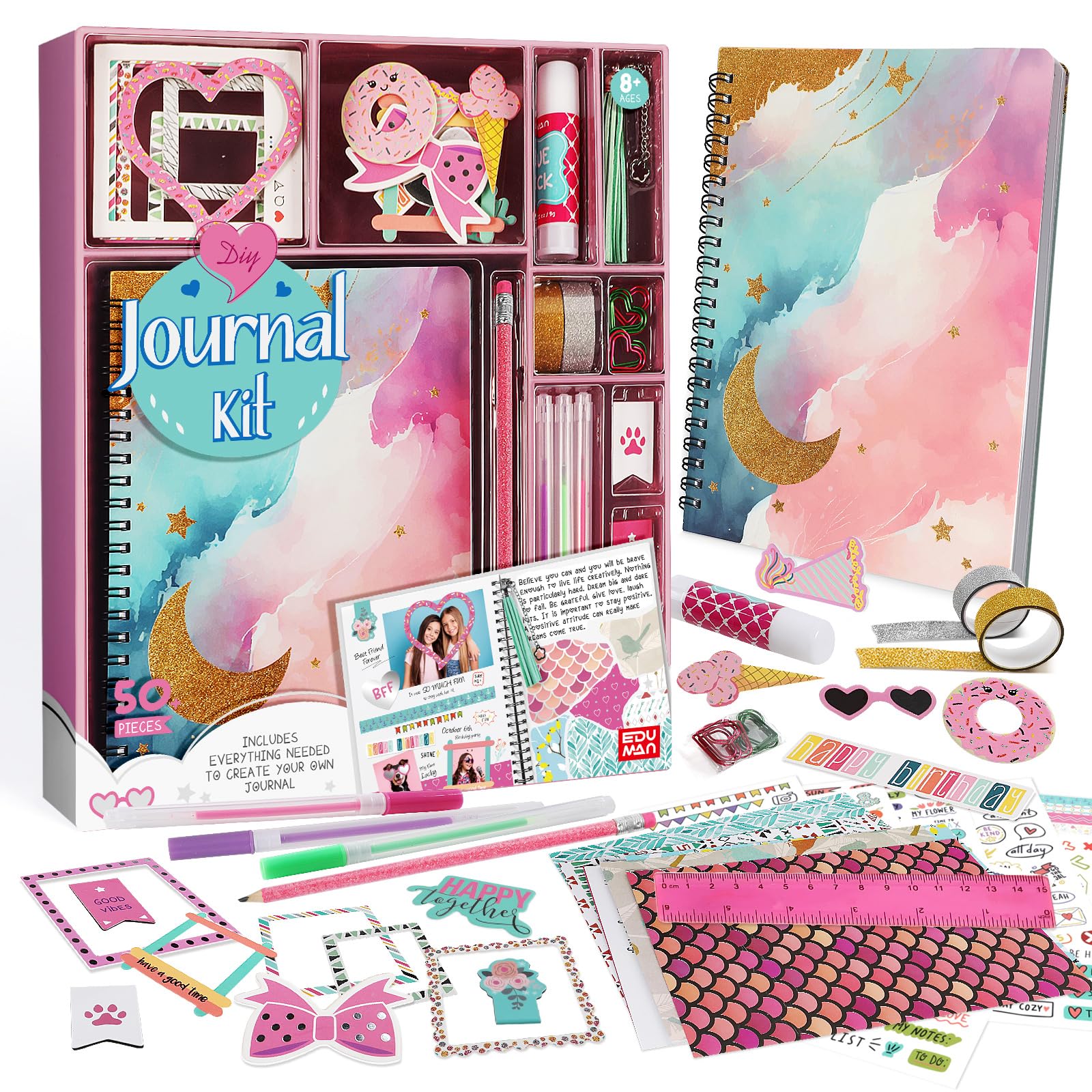 EDUMAN DIY Journal Kit for Girls, Gifts for 8-12 Year Olds Girls, Pink Diaries, Journals & Notebooks Stationery Set for Tweens Kids, Arts and Crafts Kits, Educational Toys Girls Birthday Presents