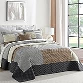 FineStichery Oversized Quilt Bedspread 120"x120", 100% Cotton Patchwork King Bedspreads Coverlet Set with Pillow Shams, Lightweight Quilted Farmhouse Bedding Cover, Brown/Beige/Gray
