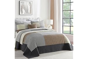 FineStichery Oversized Quilt Bedspread 120"x120", 100% Cotton Patchwork King Bedspreads Coverlet Set with Pillow Shams, Lightweight Quilted Farmhouse Bedding Cover, Brown/Beige/Gray