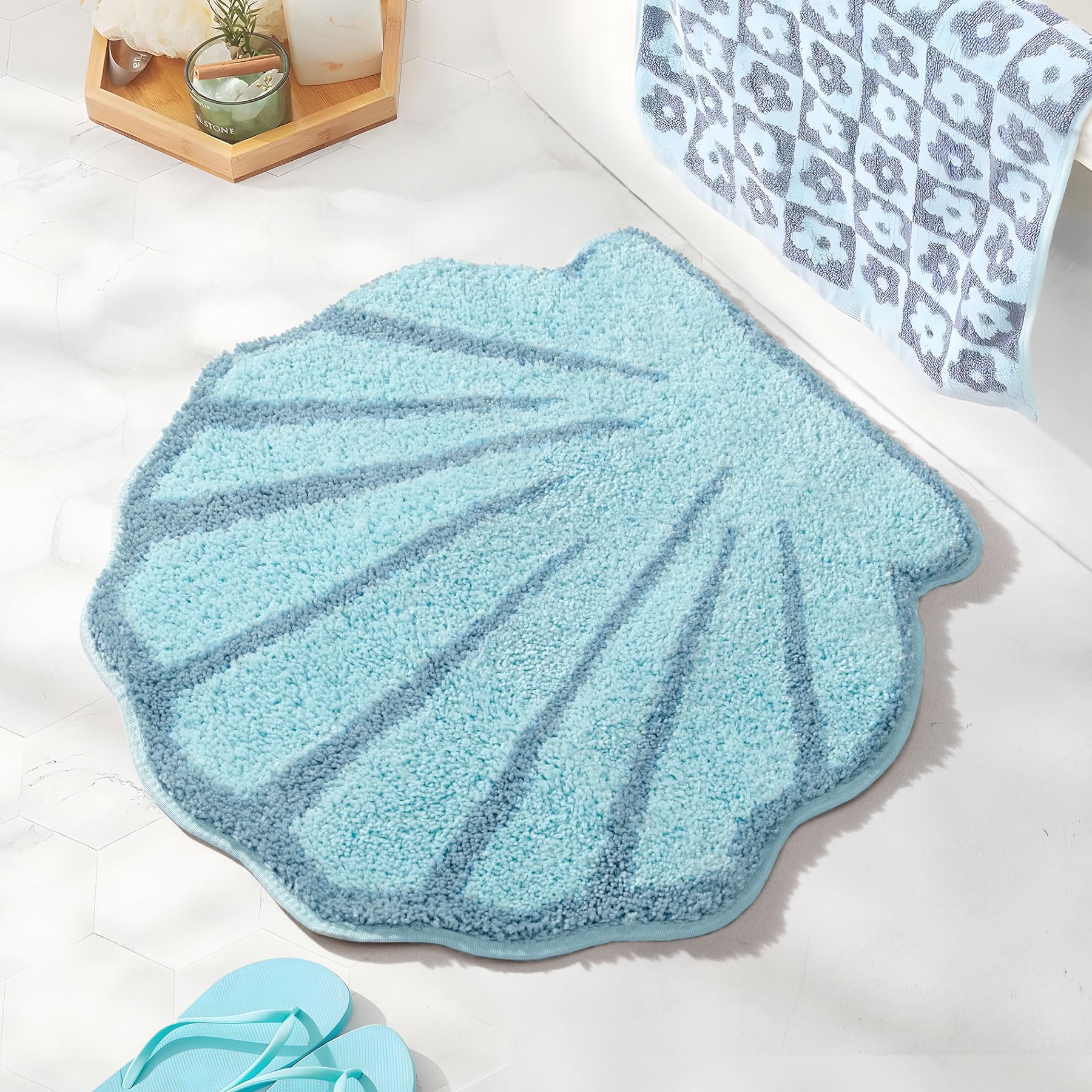 Photo 1 of UNIBATH Seashell Bathroom Rugs and Mat Cute Beach Bath Mat for Cartoon Sea Bathroom Decor Aqua Blue Bath Rugs Plush Non-Slip Foot Mat Absorbent Bathtub Rug Washable