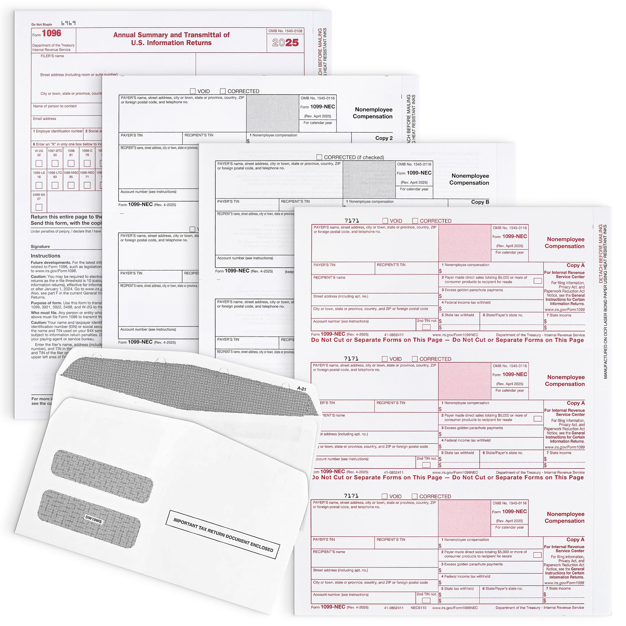 Photo 1 of 1099 NEC Forms 2025, 5 Part Laser Tax Forms Kit, with SelfSeal Envelopes 15 Pack of Federal/State Copy's, 1096's –Great for QuickBooks and Accounting Software, 2025 1099-NEC, 15 Pack