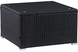 CorLiving Parksville Black Outdoor Square Resin Wicker Coffee Table with Glass Top - Patio Table, PVC Material, Backyward Acc