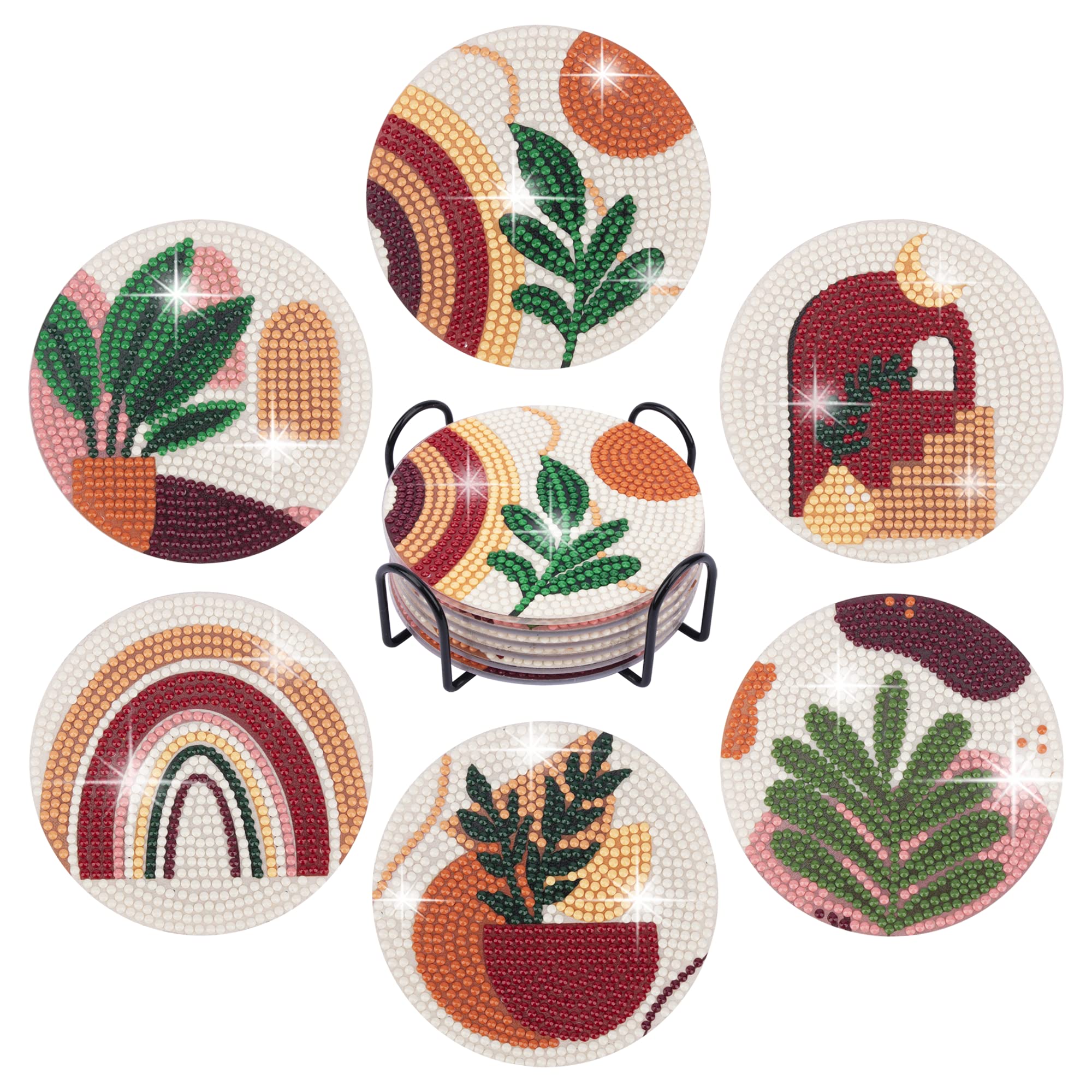 Temlum 6 Pcs Diamond Painting Coasters Kit with Holder, Abstract Plant Diamond Art Coasters Kits for Beginners, Adults Art Craft Supplies