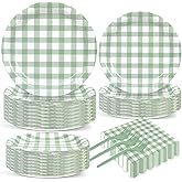 200 Pcs Sage Green Plaid Tableware Set Green And White Checkered Party Supplies Disposable Plaid Paper Plates Napkins Dinnerware Set Girls Barbecue Picnic BBQ Birthday Decoration Serve 50 Guest