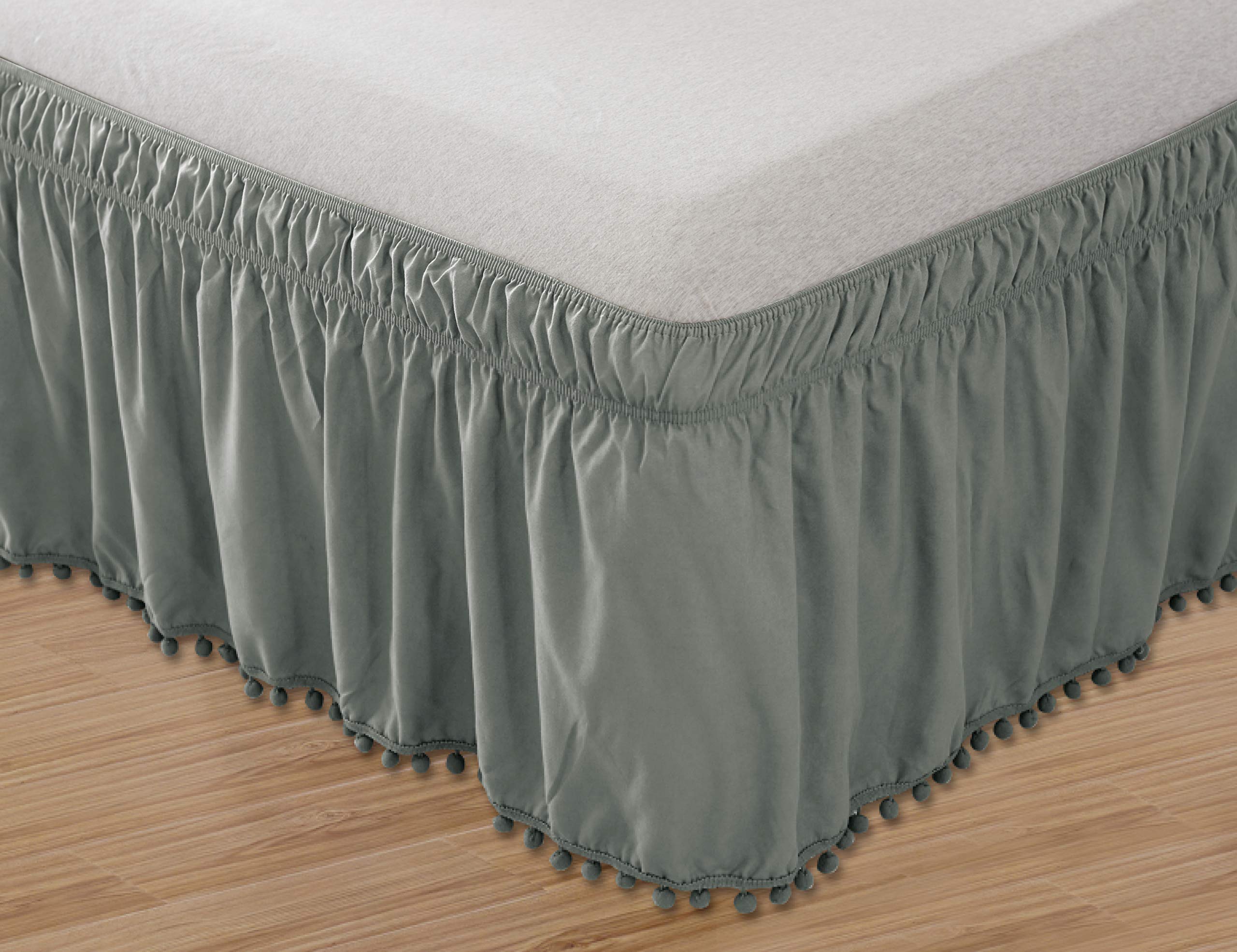 Elegant Comfort POM-POM-BedSkirt-Queen/King Gray Top-Knot Tassle Pompom Fringe Ruffle Skirt Around Style Elastic Bed Wrap-Wrinkle Resistant 16" Drop, Queen/King, Grey