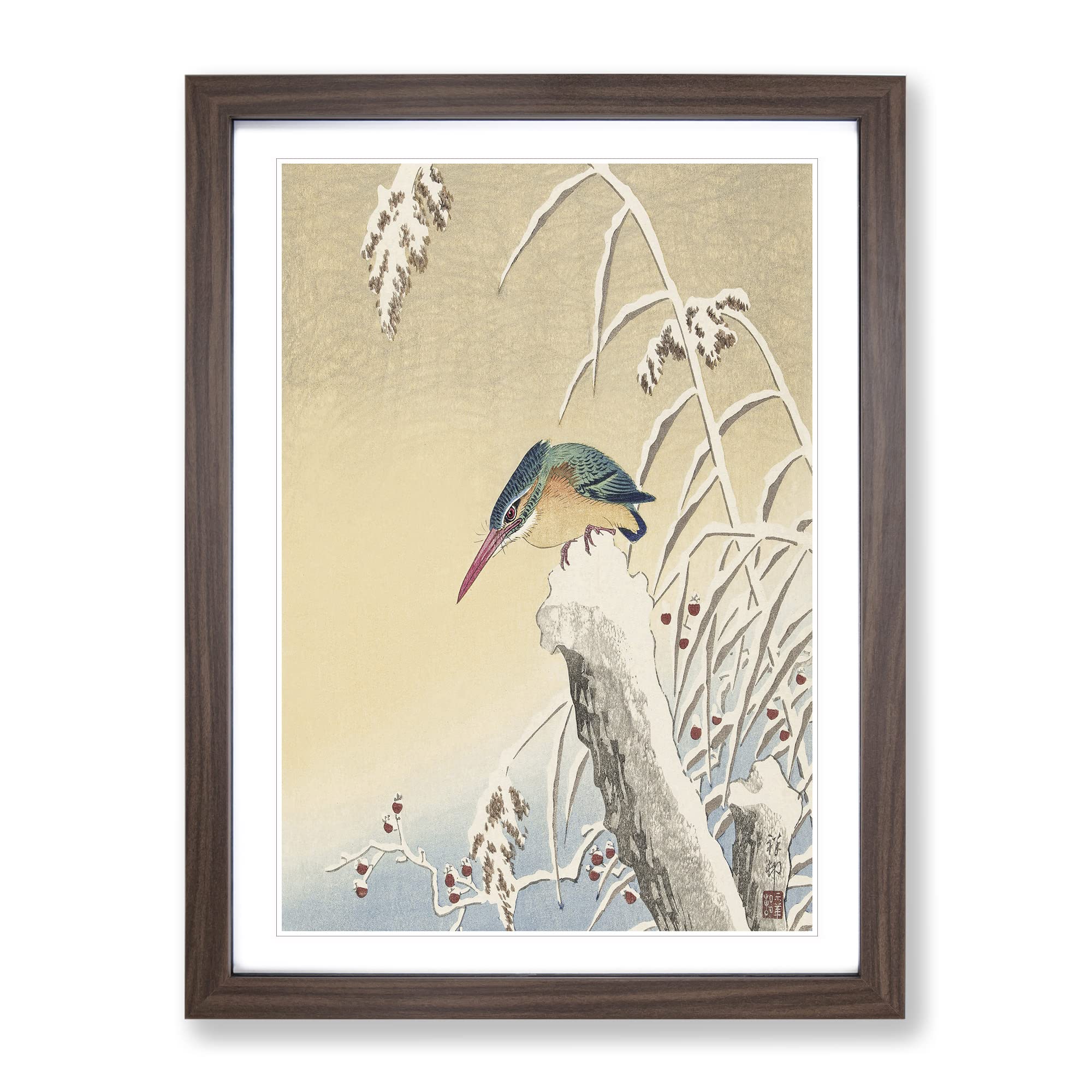 Kingfisher In The Snow By Ohara Koson Asian Japanese Framed Wall Art Print, Ready to Hang Picture for Living Room Bedroom Home Office Décor, Walnut A4 (34 x 25 cm)