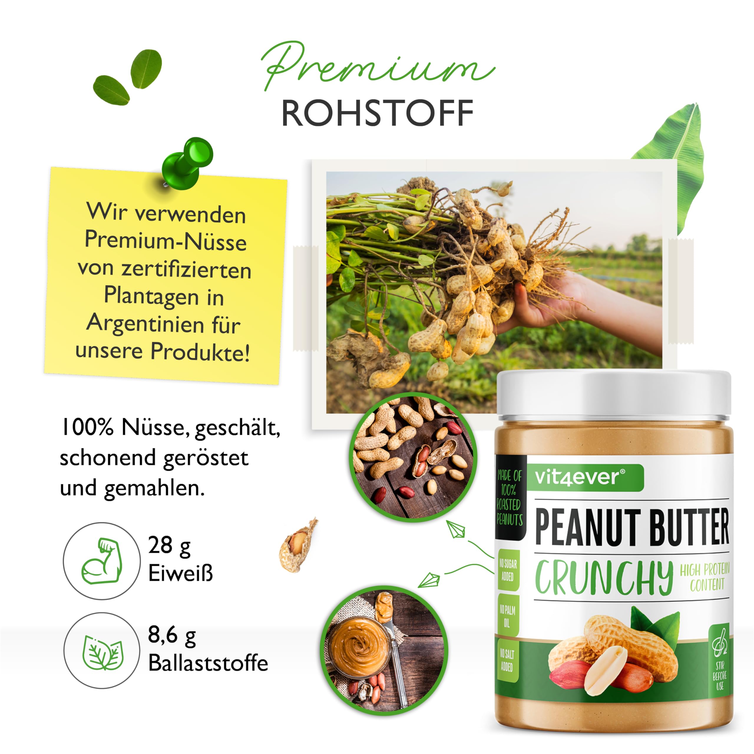 Erdnussbutter Crunchy - 1kg natürliche Peanut Butter Ohne Zusätze - High Protein - Erdnussmus ohne Zusätze von Salz, Öl oder Palmfett - Vegan 2