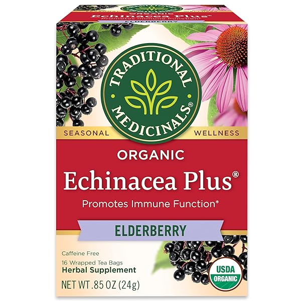 TRADITIONAL MEDICINALS TEA, ORGANIC ECHINACEA PLUS ELDERBERRY, BOOSTS THE IMMUNE SYSTEM, 16 TEA BAGS
