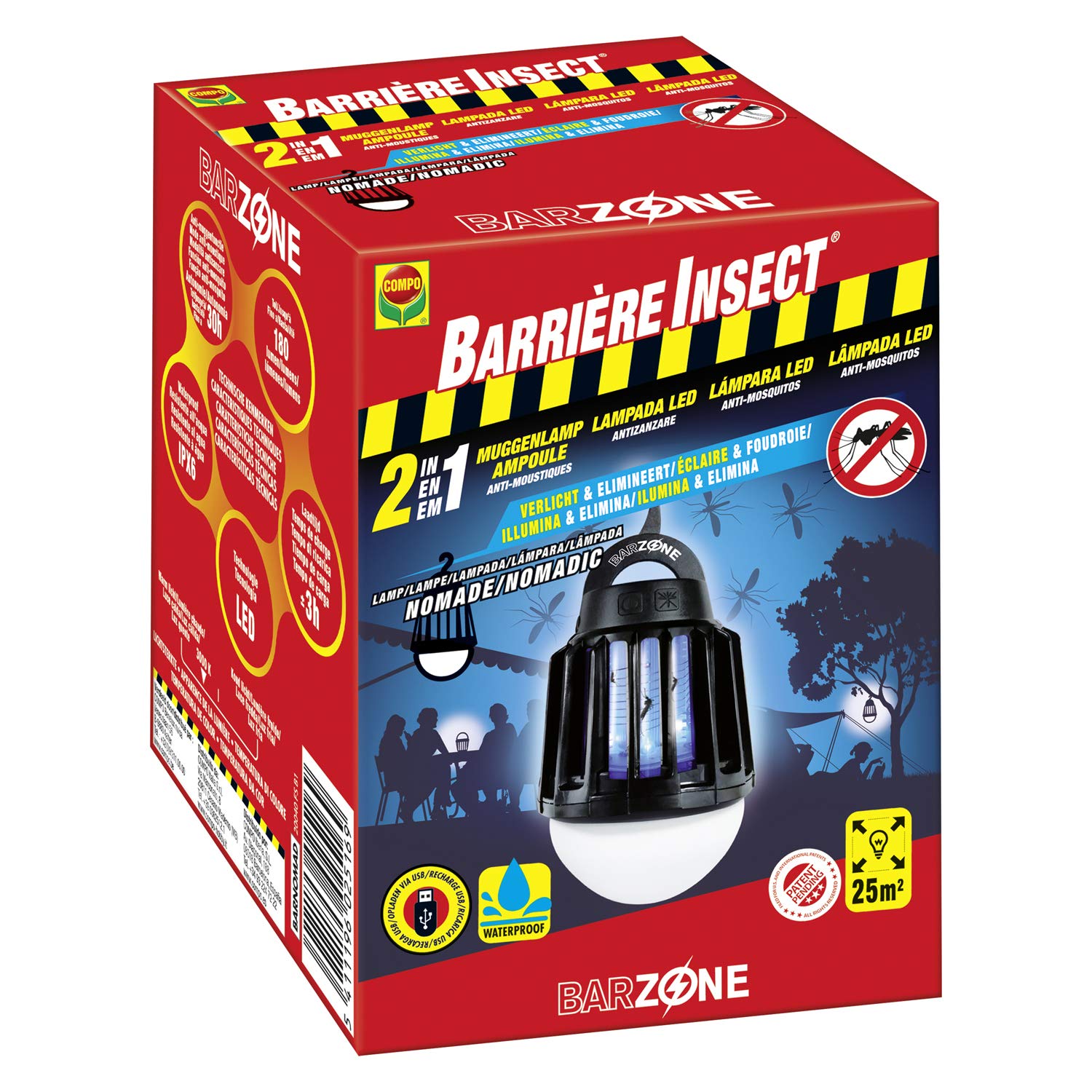 Compo Insect Barrier Nomadic Mosquito Bulb 2 in 1, Bulb with 3 Intensity Levels, Waterproof, Included USB Cable, Black, 13.5 x 9.7 x 9.5 cm, 2200402017