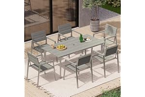 Oasbira Outdoor Patio Dining Table Sets 7-Piece Aluminum and HDPS All-Weather Table and Chairs with Umbrella Hole, Patio Modern Furniture Sets for Garden, Backyard, Lawn, and Poolside, Silver & Gray